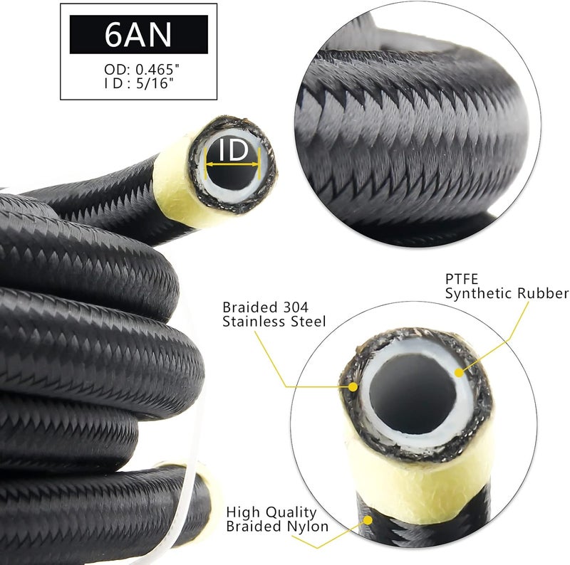 Medoon 6AN PTFE Fuel Line Kit, 5/16" Nylon Stainless Steel Braided, LS Swap EFI E85 Injection Fuel Hose Fitting 20FT - Image 3